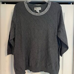 Cathy Daniels Charcoal 3/4 Sleeve Sweater with Studded Neckline